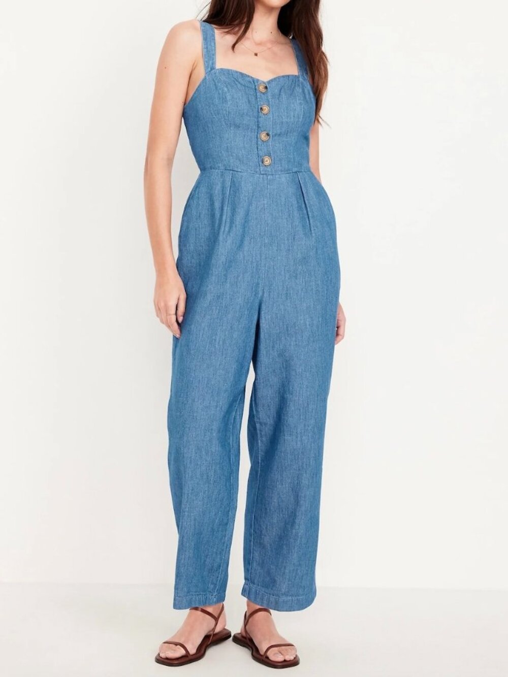 Old Navy Denim Cami Wide Leg Jumpsuit Sweetheart Neckline Button Front Women's M